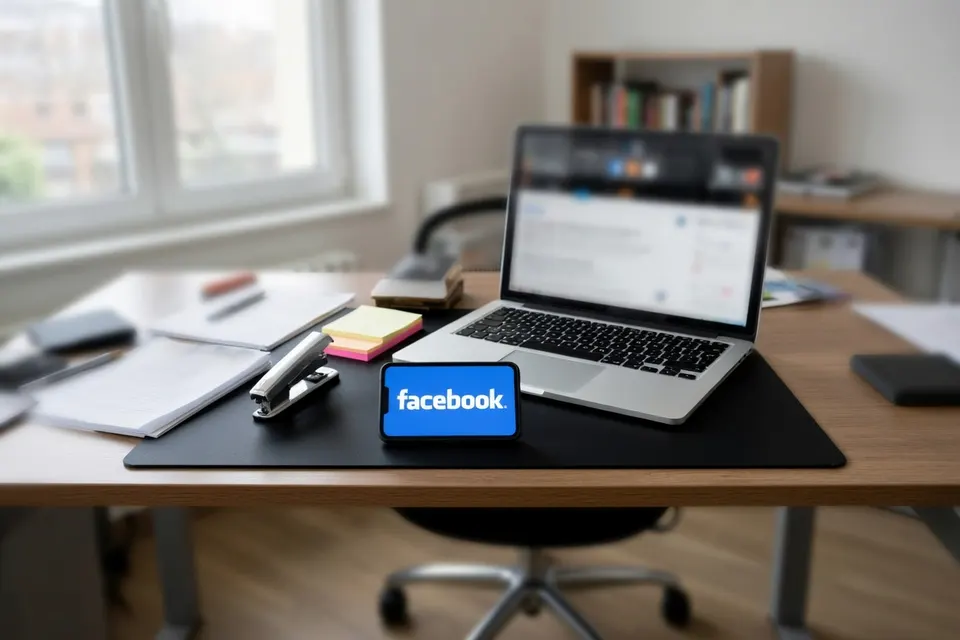 Een laptop met de Facebook-site naast een smartphone op een bureau