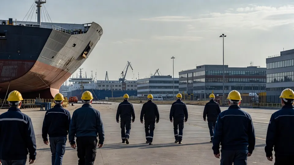Werknemers lopen langs een schip op een scheepswerf van Damen