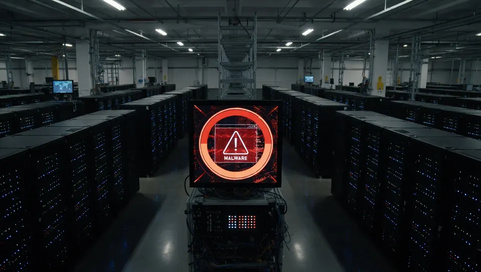 Servers in een datacenter, met een scherm waarop voor malware wordt gewaarschuwd