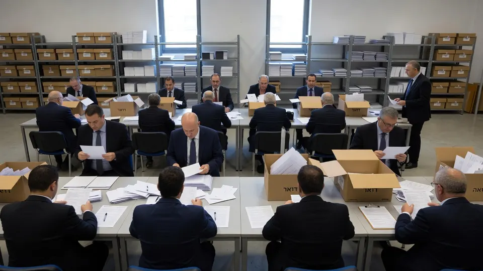 Medewerkers tellen Israëlische verkiezingsstemmen in een ruimte met stembiljetten