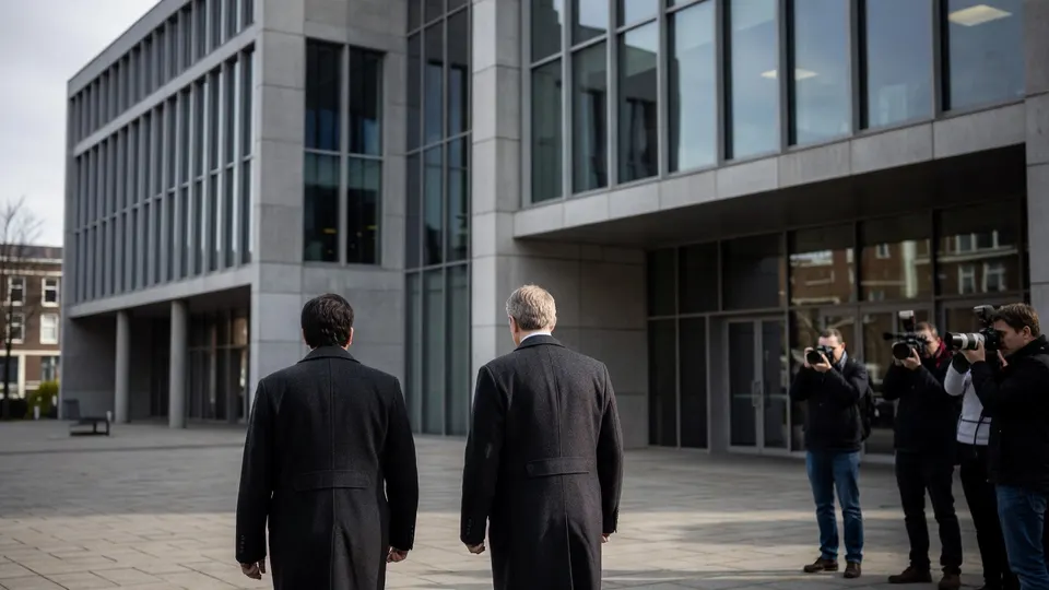 Twee mannen lopen een gebouw binnen terwijl fotografen hen opwachten