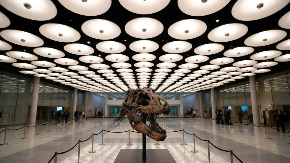 Het skelet van nanotyrannus Jodi is te zien in een hal in New York