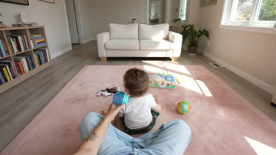 Een kind speelt in de woonkamer, terwijl een volwassene het haar knipt