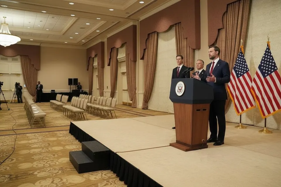 JD Vance spreekt bij een persconferentie naast Amerikaanse vlaggen
