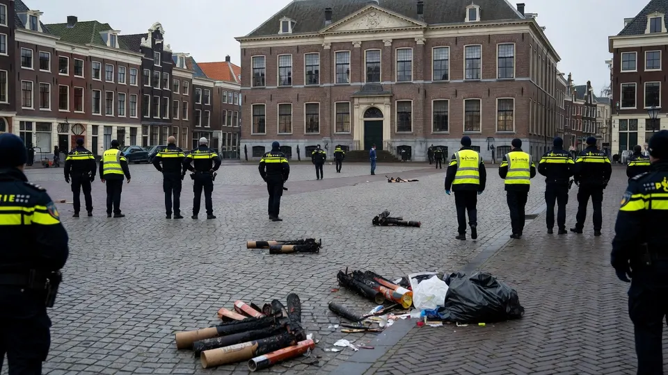 Politie houdt toezicht op een plein met in beslag genomen vuurwerk