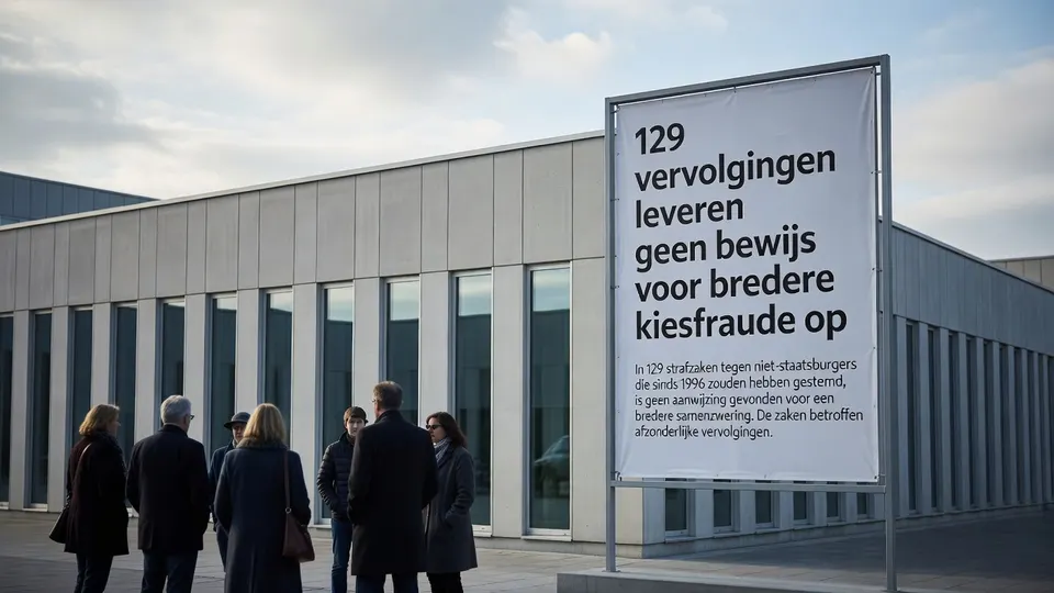 Bezoekers lopen langs een bord over 129 vervolgingen wegens stemmen door niet-staatsburgers