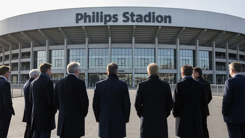 Mensen voor het Philips Stadion in Eindhoven, waar de gemeenteraad beslist over uitbreiding met 20.000 plaatsen
