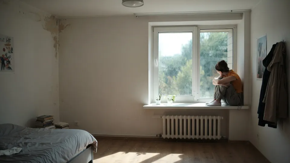 Jongere zit alleen op de vensterbank in een slaapkamer