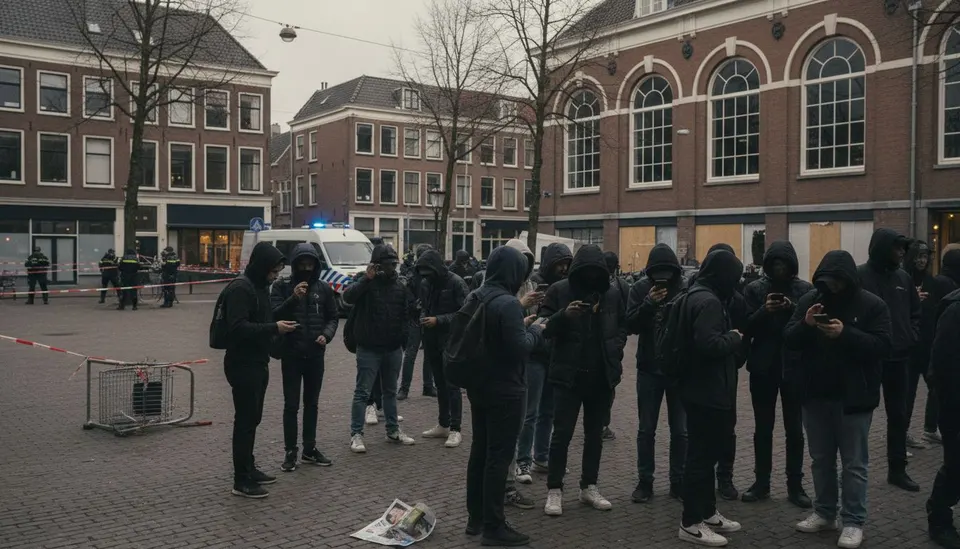 Jongeren verzamelen zich op een plein terwijl de politie toezicht houdt