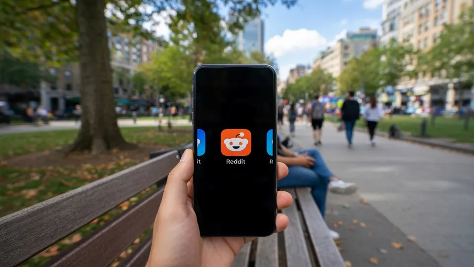 Reddit-app op een smartphone in een stadspark