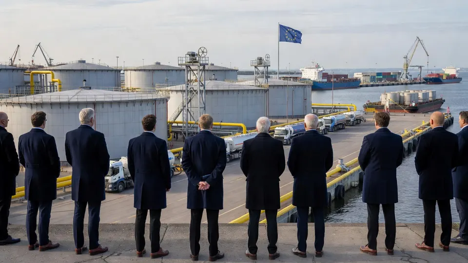 EU-energiereserves met opslagtanks en vertegenwoordigers van lidstaten op de voorgrond