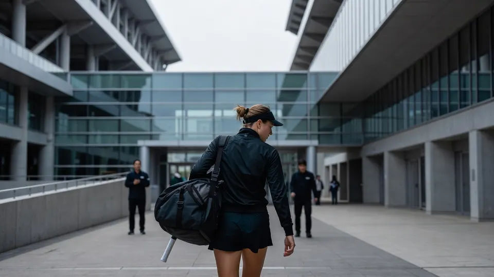 Jelena Rybakina loopt met haar sporttas weg van de tennisbaan in Tokio