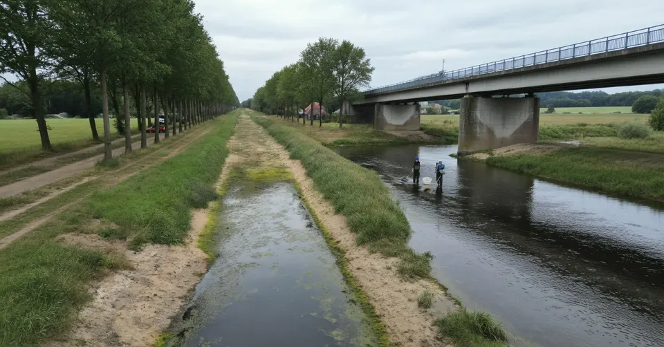 Vissen worden uit een ondiepe beek bij een brug gehaald vanwege aanhoudende droogte