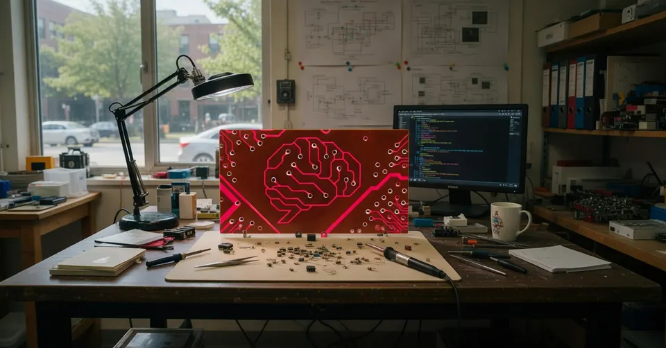 Een computer toont code naast een scherm met een illustratie van kunstmatige intelligentie