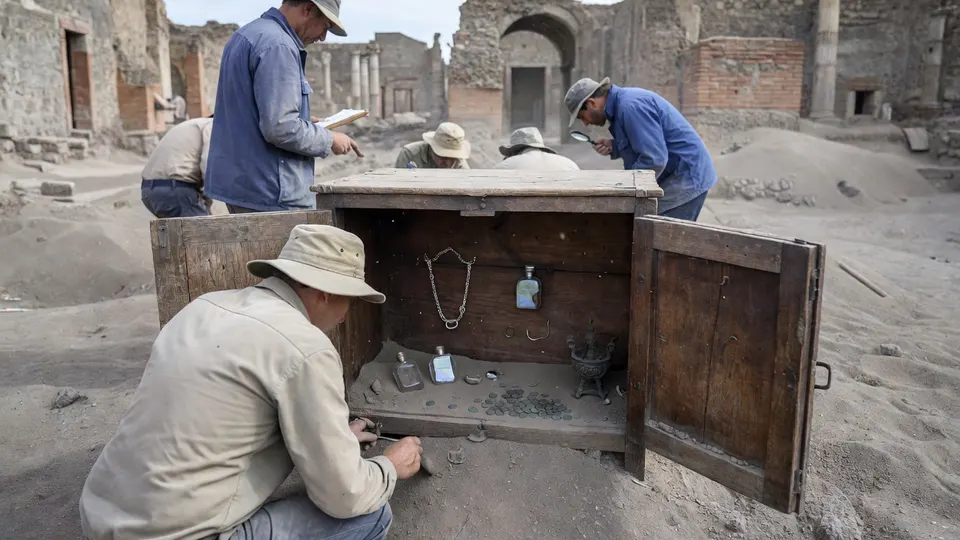 Archeologen onderzoeken een houten kast met persoonlijke bezittingen in Pompeï