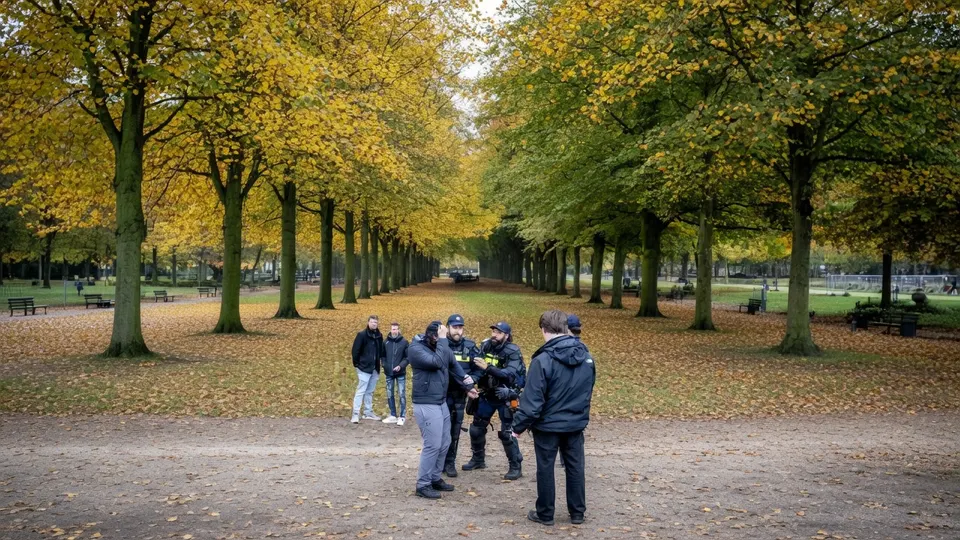 Politie houdt toezicht in een park in Den Haag, waar onrust is rond protesten