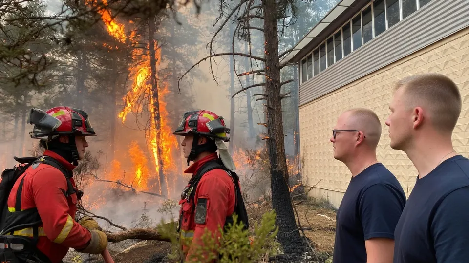 Brandweerlieden staan bij een natuurbrand in Catalonië