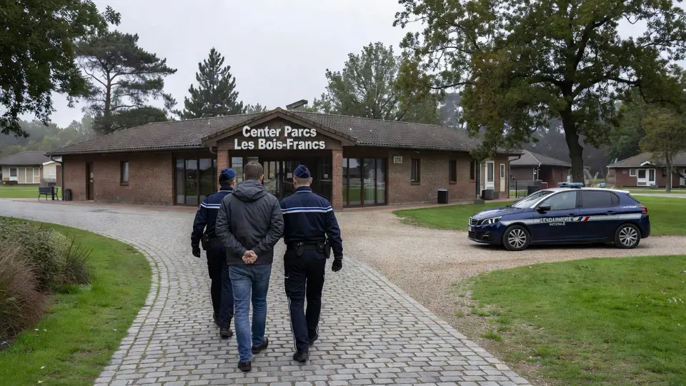 Politie begeleidt een man bij Center Parcs Les Bois-Francs in Frankrijk