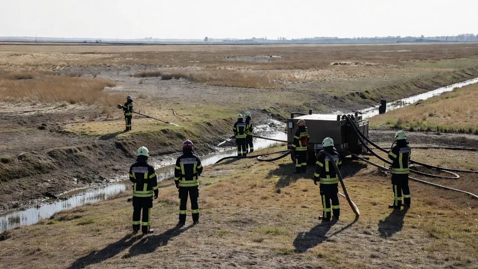 Brandweerlieden oefenen met wateraanvoer uit een sloot in een droog poldergebied