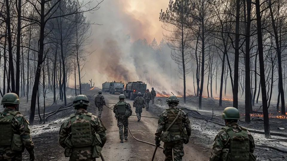 Militairen lopen langs een bosbrand in het zuidwesten van Frankrijk