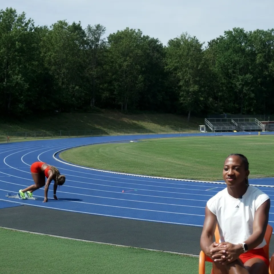 N'Ketia Seedo zit langs de atletiekbaan in Hengelo, terwijl een atlete zich voorbereidt op een sprint