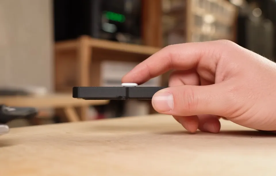 Een hand houdt een e-reader boven een 3D-geprinte hoes in de vorm van een pistool