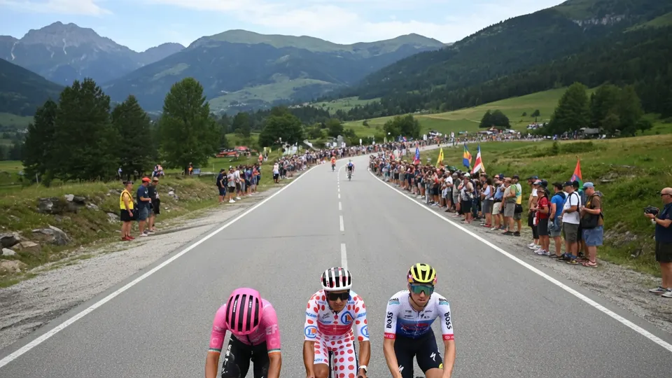 Richard Carapaz rijdt in de bolletjestrui over een bergweg tijdens de Tour de France