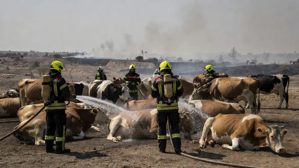 Brandweerlieden koelen uitgeputte koeien met water bij natuurbranden rond Madrid