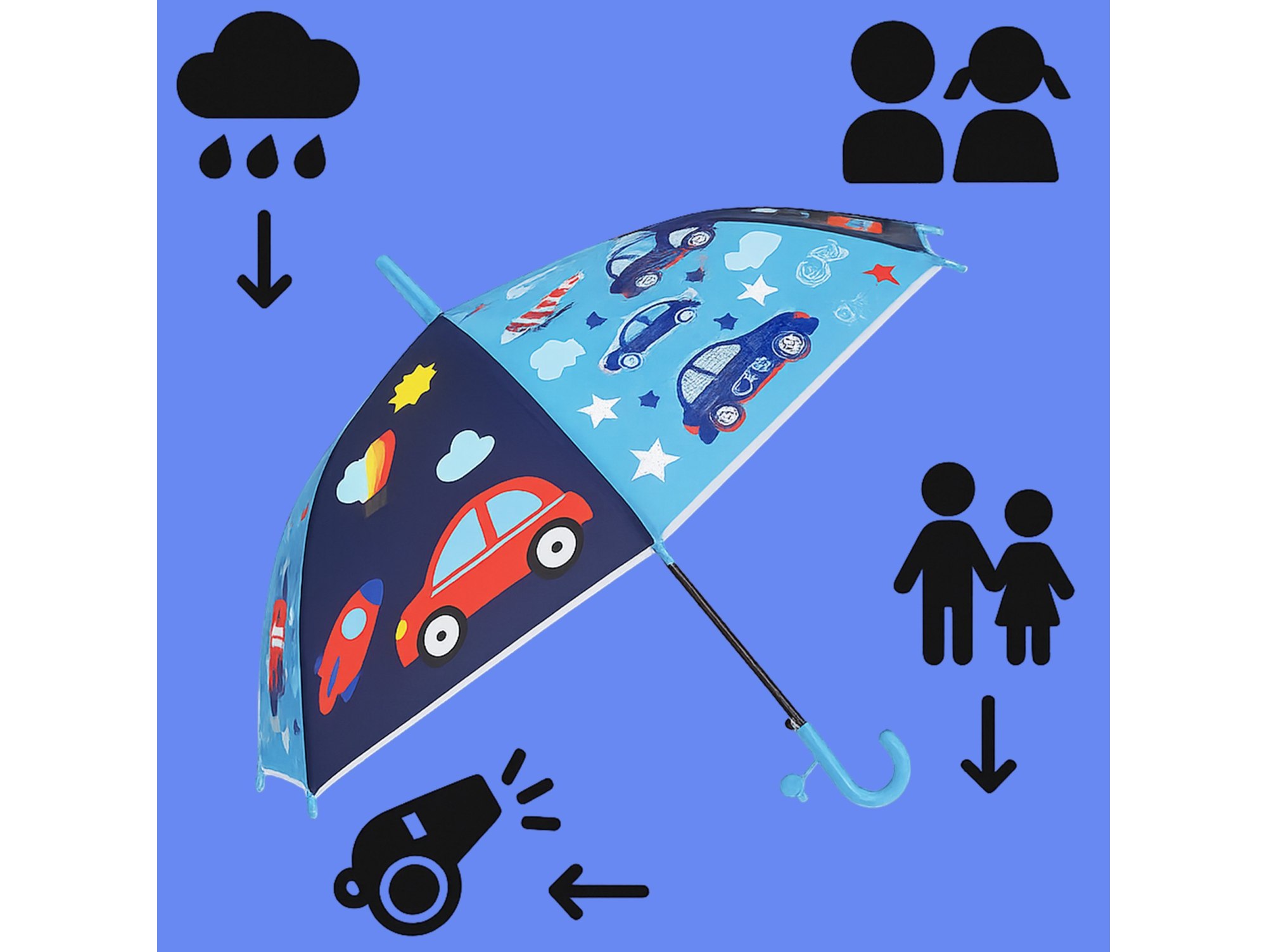 PARASOL DZIECIĘCY Z GWIZDKIEM 85CM 8 DRUTÓW PÓŁAUTOMAT - niebieski