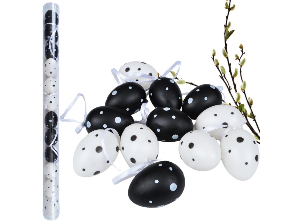JAJKA WIELKANOCNE Z ZAWIESZKĄ 12SZT 4x3cm - biało-czarne