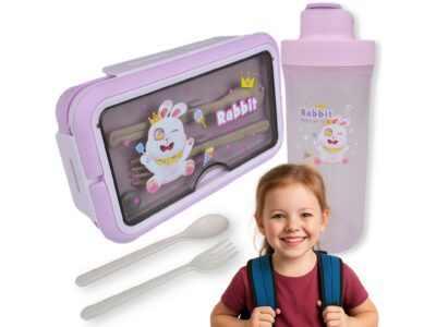 LUNCHBOX ŚNIADANIÓWKA POJEMNIK NA ŚNIADANIE OBIAD SZTUĆCE Z BIDONEM ZESTAW - fioletowy królik