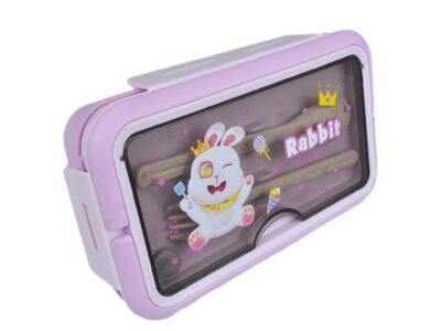 LUNCHBOX ŚNIADANIÓWKA POJEMNIK NA ŚNIADANIE OBIAD SZTUĆCE Z BIDONEM ZESTAW - fioletowy królik