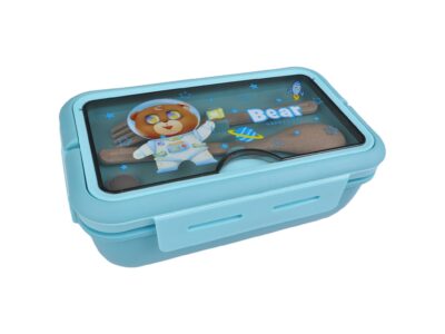 LUNCHBOX ŚNIADANIÓWKA POJEMNIK NA ŚNIADANIE OBIAD SZTUĆCE Z BIDONEM ZESTAW - niebieski z misiem