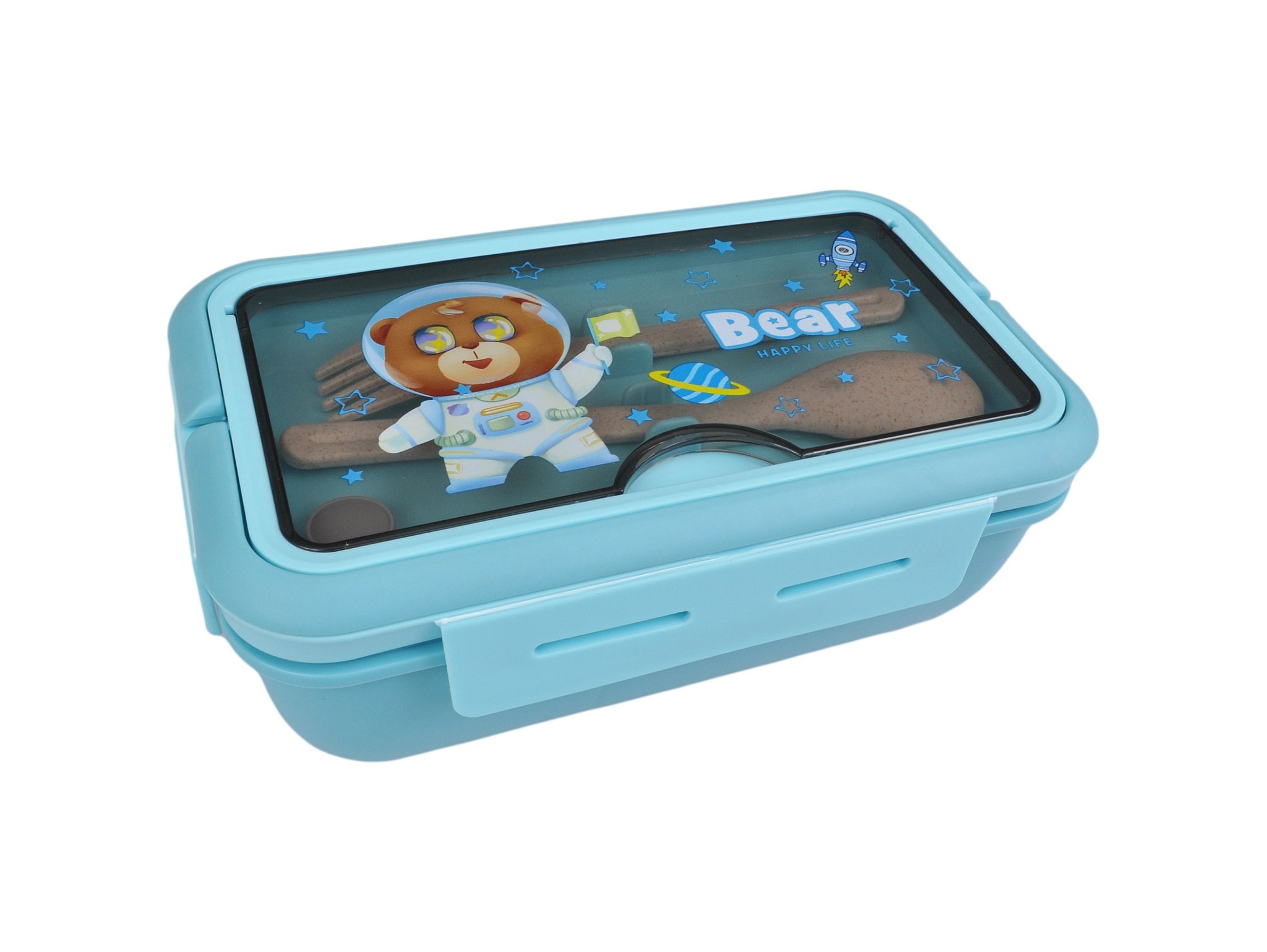 LUNCHBOX ŚNIADANIÓWKA POJEMNIK NA ŚNIADANIE OBIAD SZTUĆCE Z BIDONEM ZESTAW - niebieski z misiem