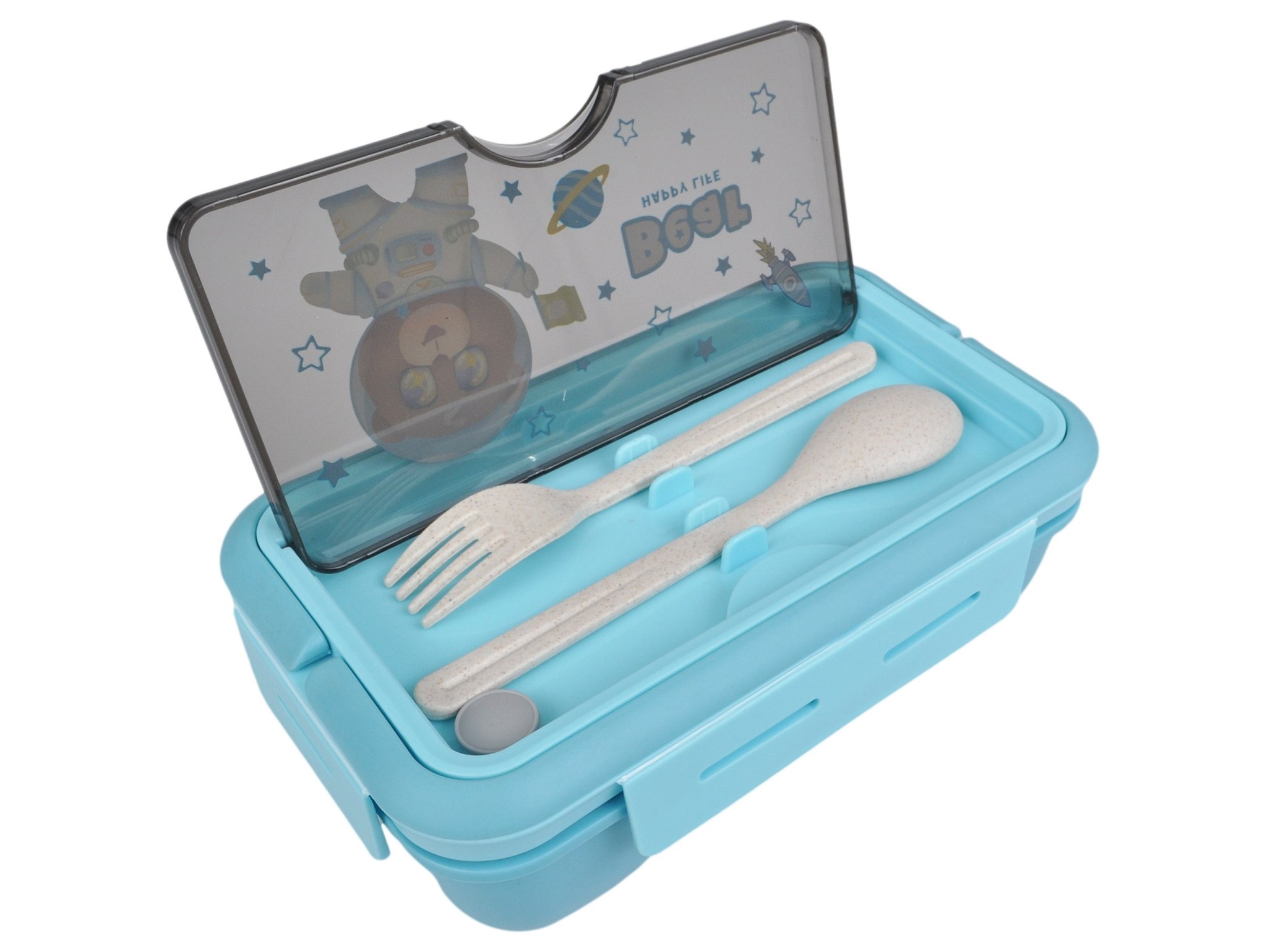 LUNCHBOX ŚNIADANIÓWKA POJEMNIK NA ŚNIADANIE OBIAD SZTUĆCE Z BIDONEM ZESTAW - niebieski z misiem