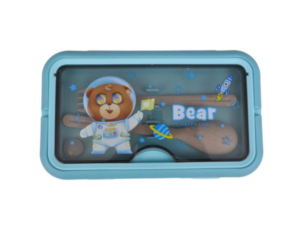 LUNCHBOX ŚNIADANIÓWKA POJEMNIK NA ŚNIADANIE OBIAD SZTUĆCE Z BIDONEM ZESTAW - niebieski z misiem