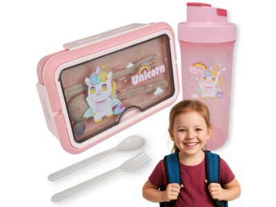 LUNCHBOX ŚNIADANIÓWKA POJEMNIK NA ŚNIADANIE OBIAD SZTUĆCE Z BIDONEM ZESTAW - różowy jednorożec