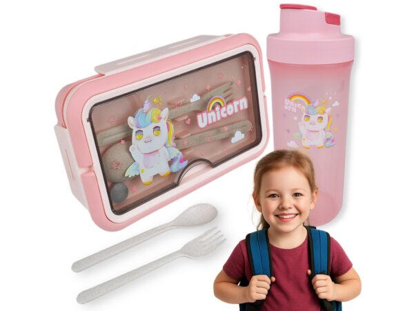 LUNCHBOX ŚNIADANIÓWKA POJEMNIK NA ŚNIADANIE OBIAD SZTUĆCE Z BIDONEM ZESTAW - różowy jednorożec