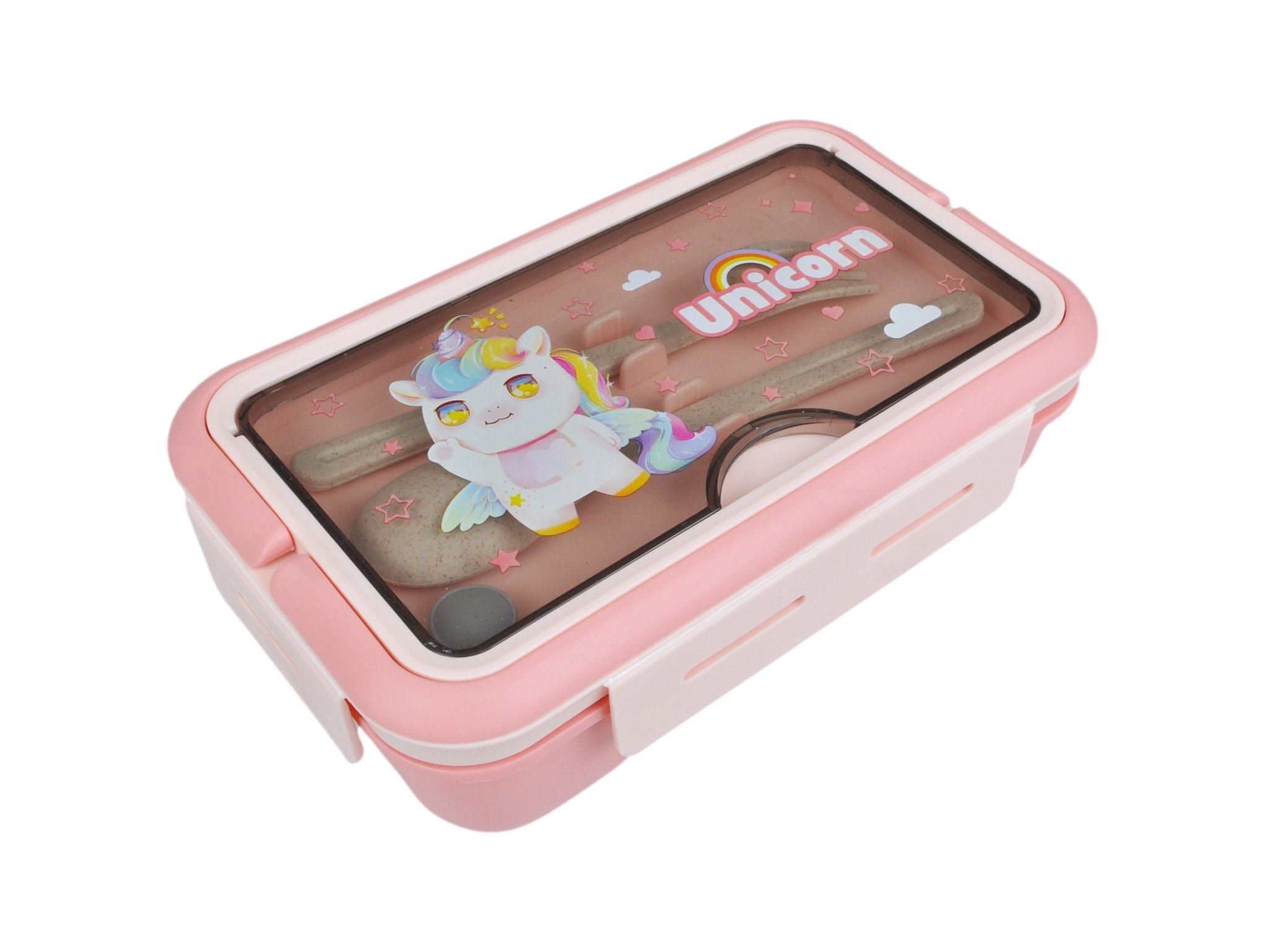 LUNCHBOX ŚNIADANIÓWKA POJEMNIK NA ŚNIADANIE OBIAD SZTUĆCE Z BIDONEM ZESTAW - różowy jednorożec