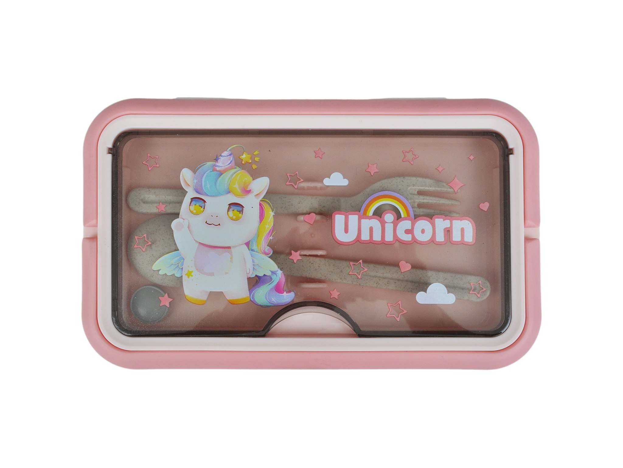 LUNCHBOX ŚNIADANIÓWKA POJEMNIK NA ŚNIADANIE OBIAD SZTUĆCE Z BIDONEM ZESTAW - różowy jednorożec