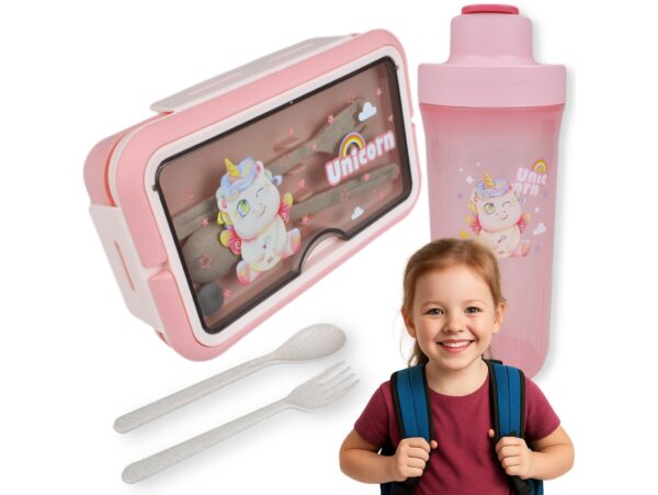 LUNCHBOX ŚNIADANIÓWKA POJEMNIK NA ŚNIADANIE OBIAD SZTUĆCE Z BIDONEM ZESTAW - różowy siedzący jednorożec