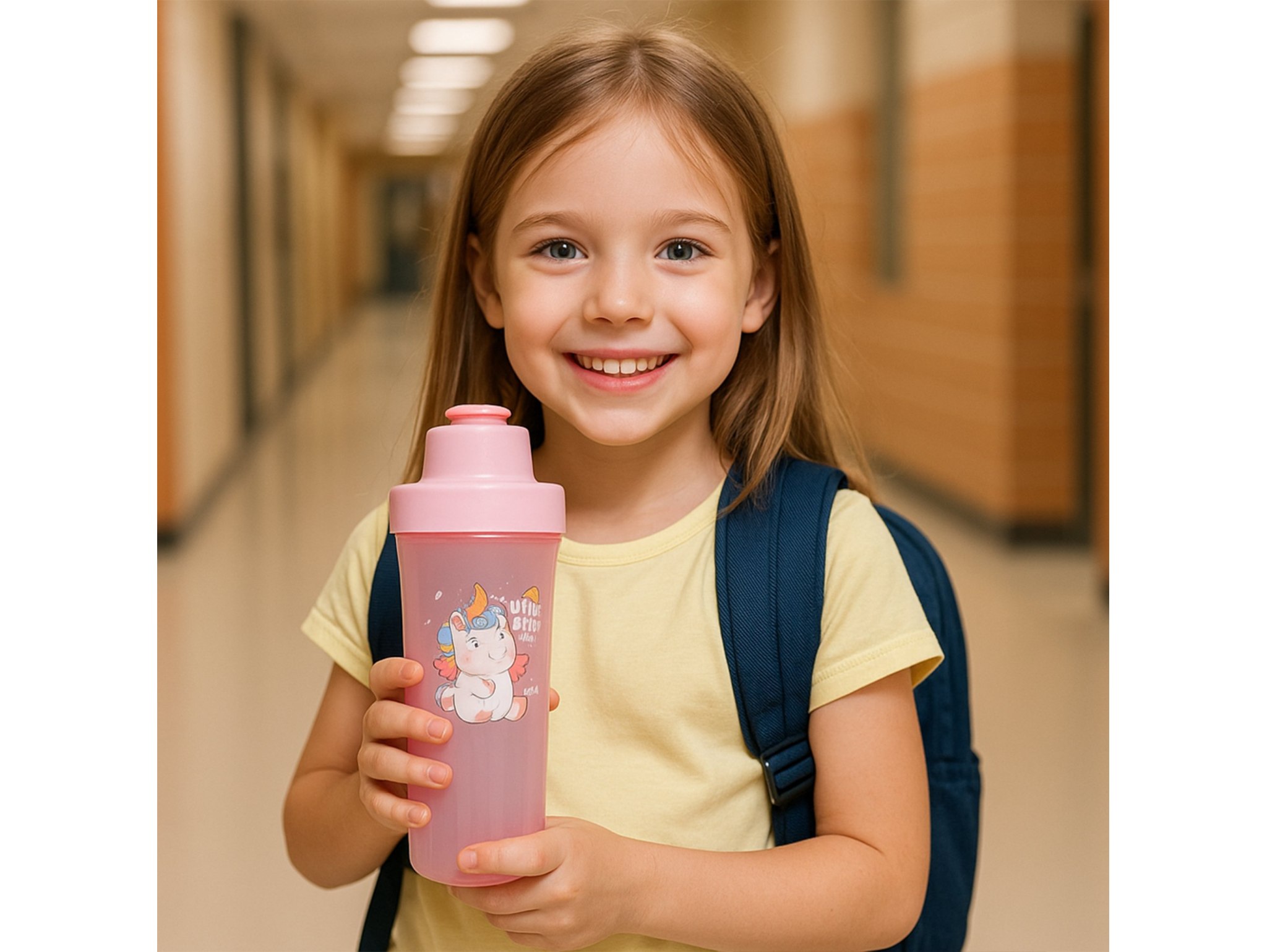 LUNCHBOX ŚNIADANIÓWKA POJEMNIK NA ŚNIADANIE OBIAD SZTUĆCE Z BIDONEM ZESTAW - różowy siedzący jednorożec