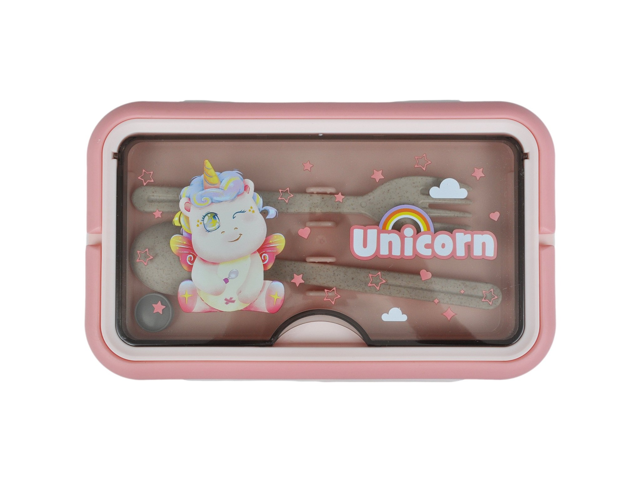 LUNCHBOX ŚNIADANIÓWKA POJEMNIK NA ŚNIADANIE OBIAD SZTUĆCE Z BIDONEM ZESTAW - różowy siedzący jednorożec