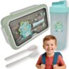 LUNCHBOX ŚNIADANIÓWKA POJEMNIK NA ŚNIADANIE OBIAD SZTUĆCE Z BIDONEM ZESTAW - zielony z dinozaurem