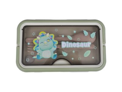 LUNCHBOX ŚNIADANIÓWKA POJEMNIK NA ŚNIADANIE OBIAD SZTUĆCE Z BIDONEM ZESTAW - zielony z dinozaurem