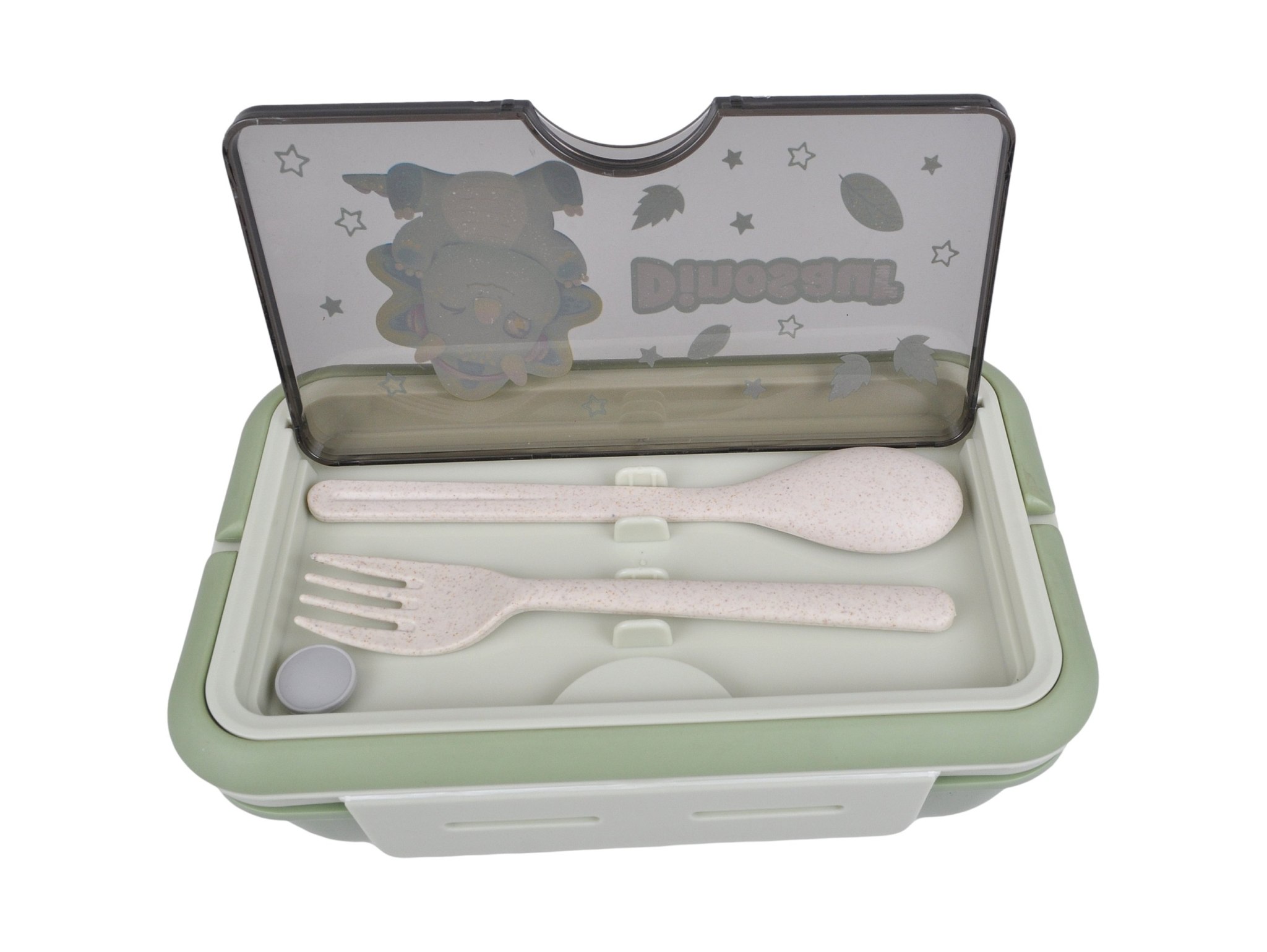 LUNCHBOX ŚNIADANIÓWKA POJEMNIK NA ŚNIADANIE OBIAD SZTUĆCE Z BIDONEM ZESTAW - zielony z dinozaurem