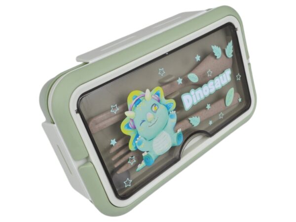 LUNCHBOX ŚNIADANIÓWKA POJEMNIK NA ŚNIADANIE OBIAD SZTUĆCE Z BIDONEM ZESTAW - zielony z dinozaurem