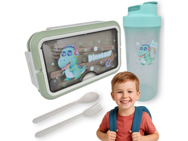 LUNCHBOX ŚNIADANIÓWKA POJEMNIK NA ŚNIADANIE OBIAD SZTUĆCE Z BIDONEM ZESTAW - zielony z stojącym dinozaurem