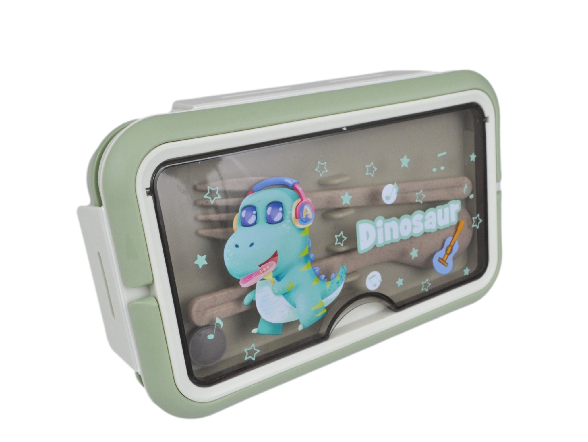 LUNCHBOX ŚNIADANIÓWKA POJEMNIK NA ŚNIADANIE OBIAD SZTUĆCE Z BIDONEM ZESTAW - zielony z stojącym dinozaurem