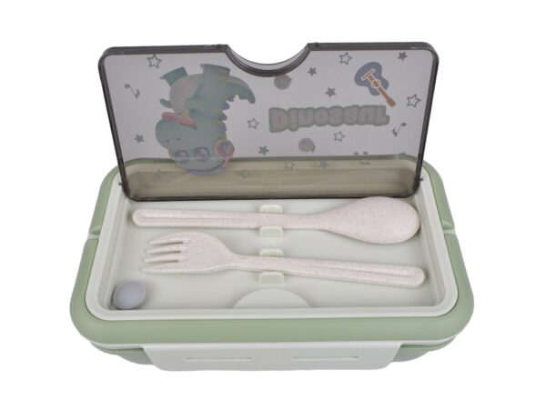 LUNCHBOX ŚNIADANIÓWKA POJEMNIK NA ŚNIADANIE OBIAD SZTUĆCE Z BIDONEM ZESTAW - zielony z stojącym dinozaurem